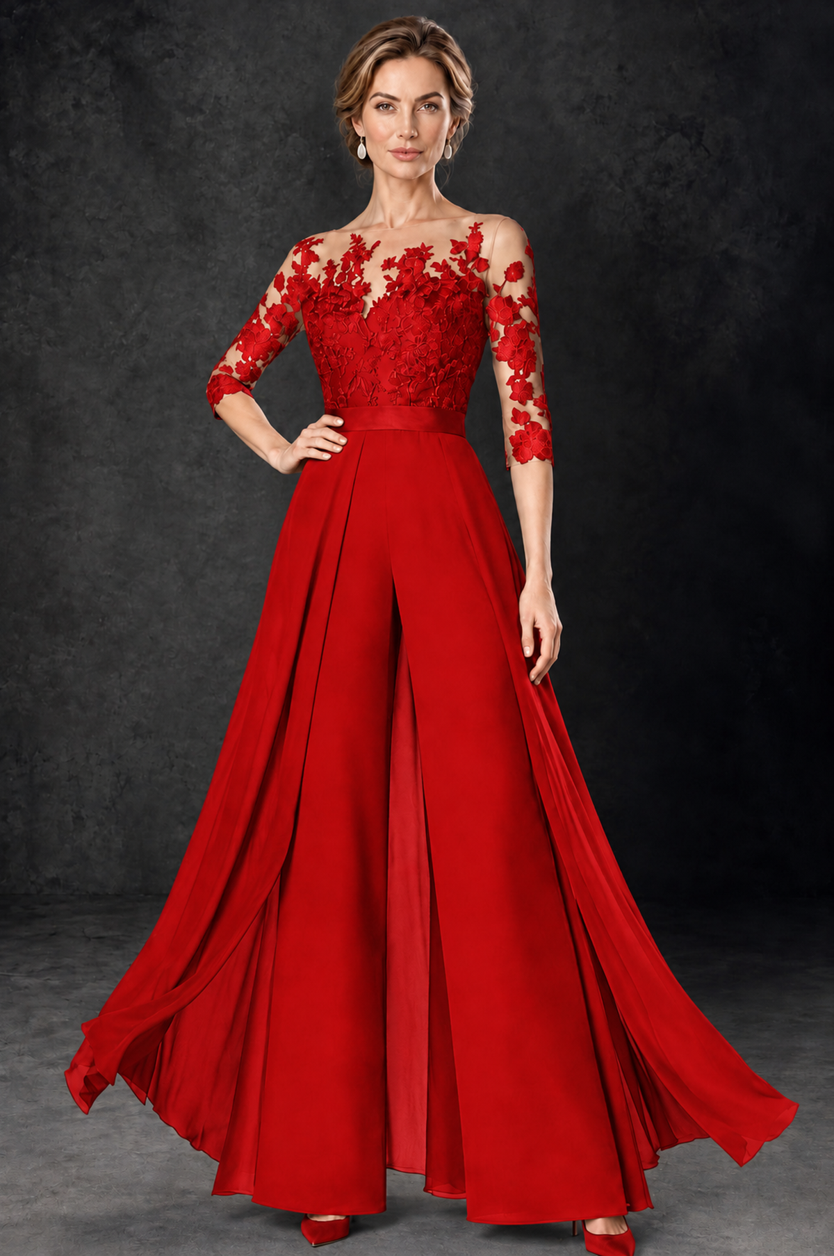 BOLODOO Red Lace Wide-Leg Jumpsuit with Three-Quarter Sleeves - Red - Red_1