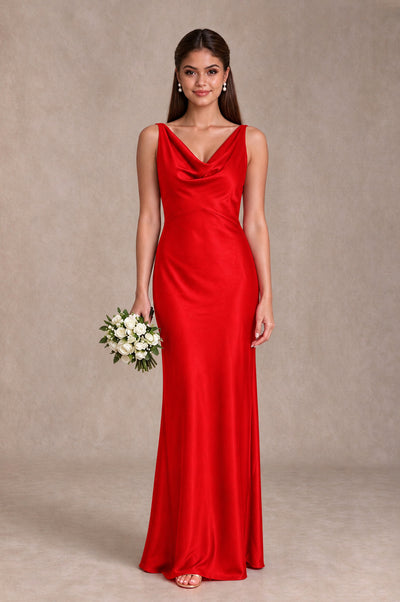 BOLODOO Red Cowl Neck Open Back Satin Bridesmaid Dress - Red - Red_1