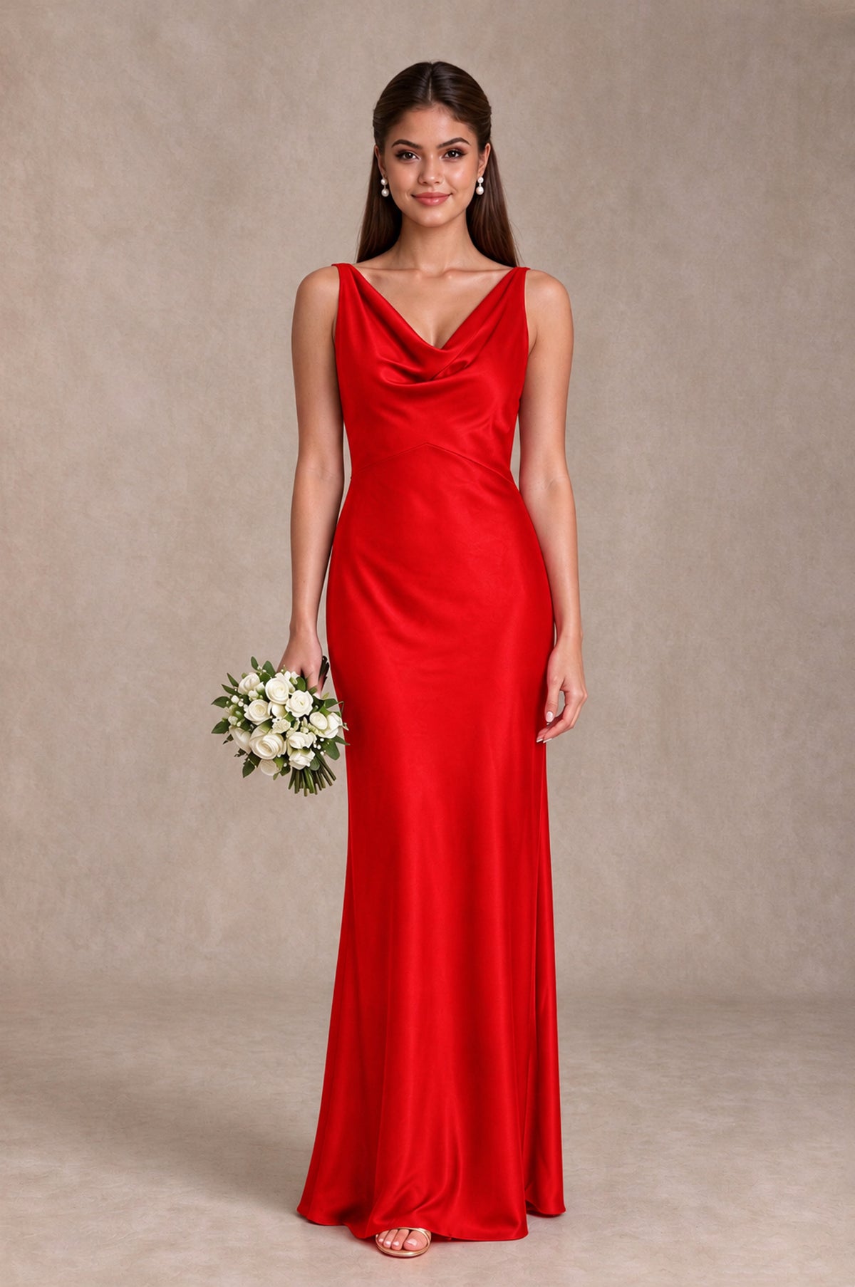 BOLODOO Red Cowl Neck Open Back Satin Bridesmaid Dress - Red - Red_1