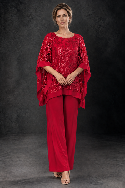 BOLODOO Red Floral Cape Mother of the Bride Pant Suit - Red - Red_1