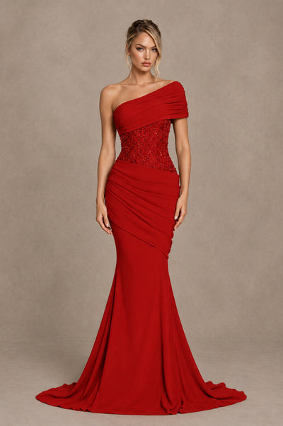 BOLODOO Red One-Shoulder Sequin Embroidered Ruched Mermaid Gown with Train - Red - Red_1