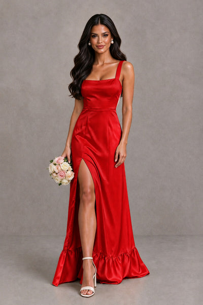 BOLODOO Red Square Neck Satin Evening Dress with Lace-Up Back and High Slit - Red - Red_1