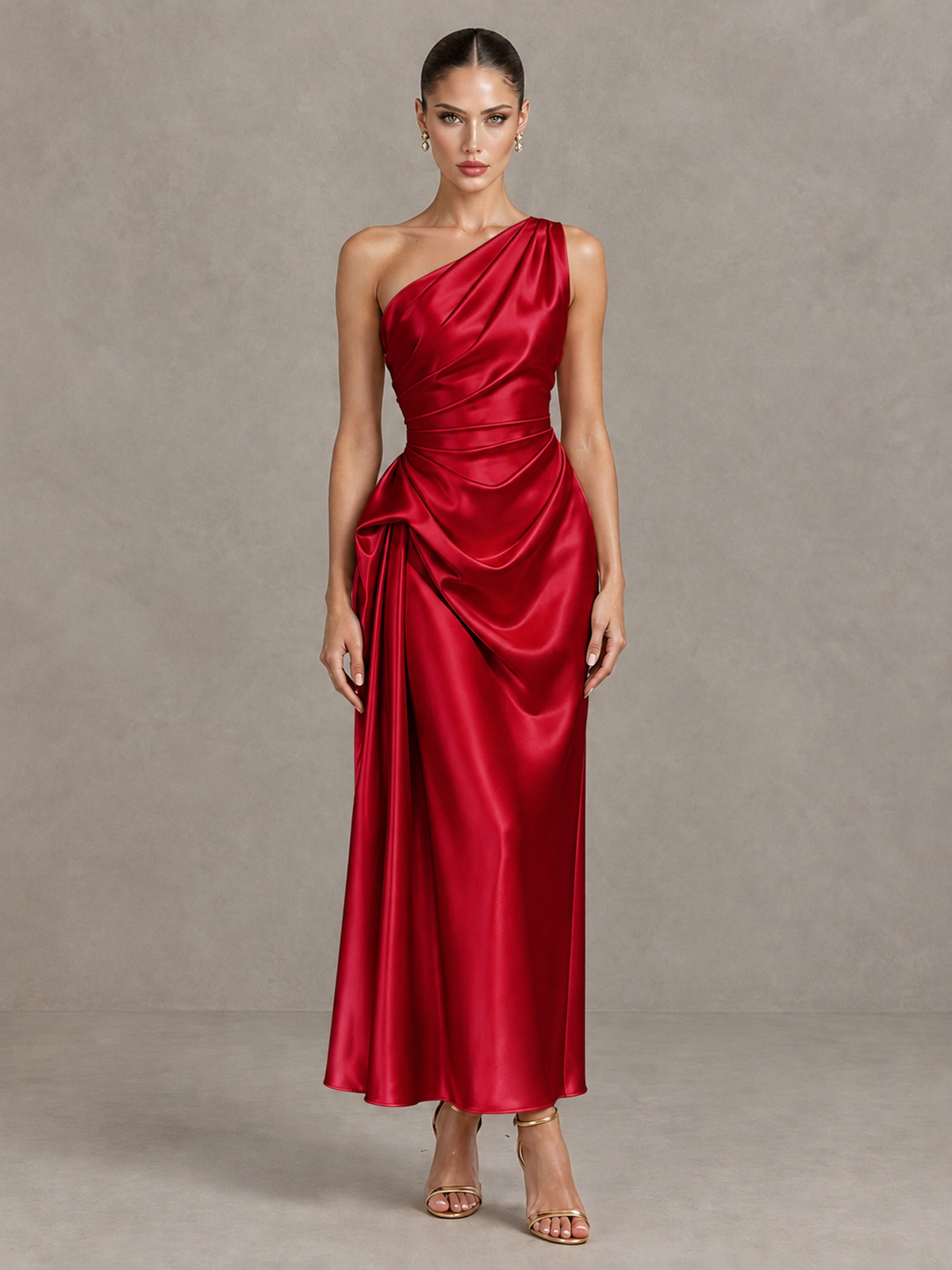 BOLODOO Red One Shoulder Satin Cocktail Dress with Draped A-Line Skirt - Red - Red_1