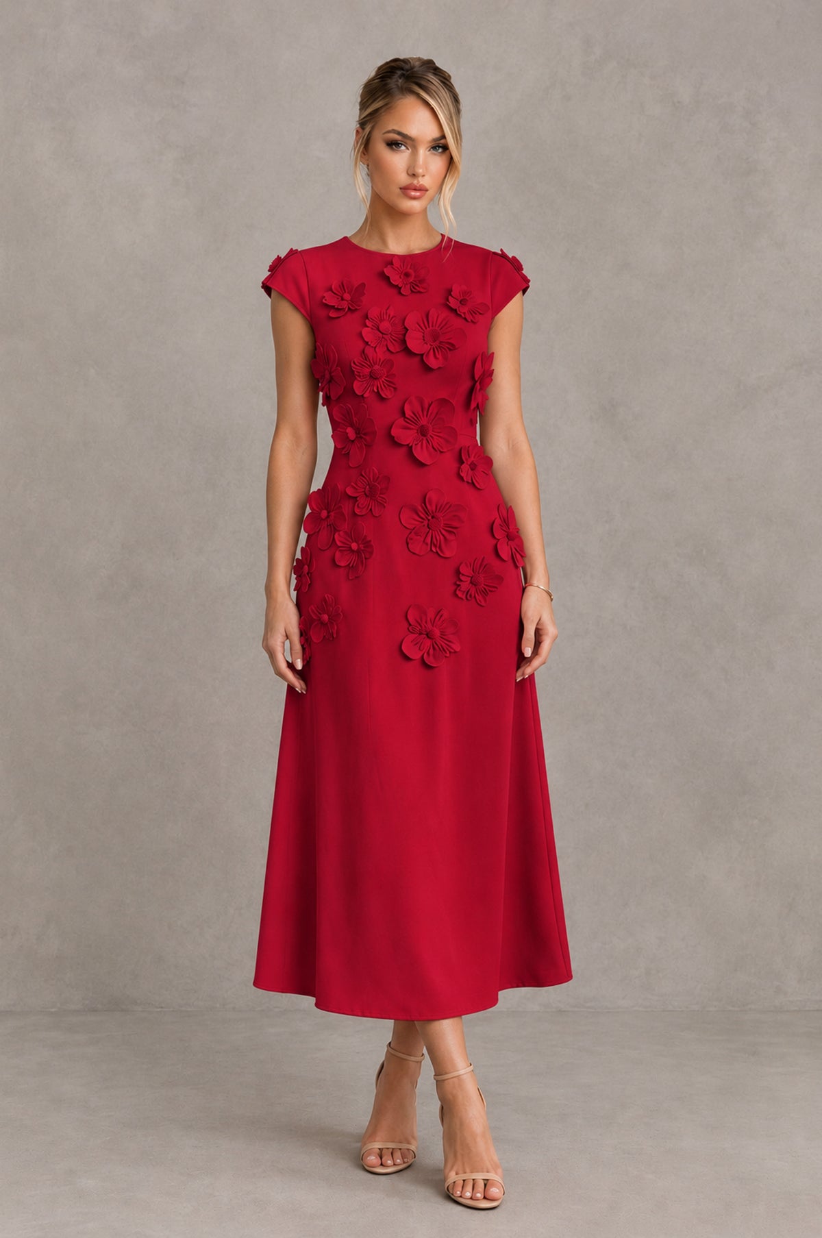 BOLODOO Red 3D Floral Cap Sleeve Midi Cocktail Dress - Red - Red_1