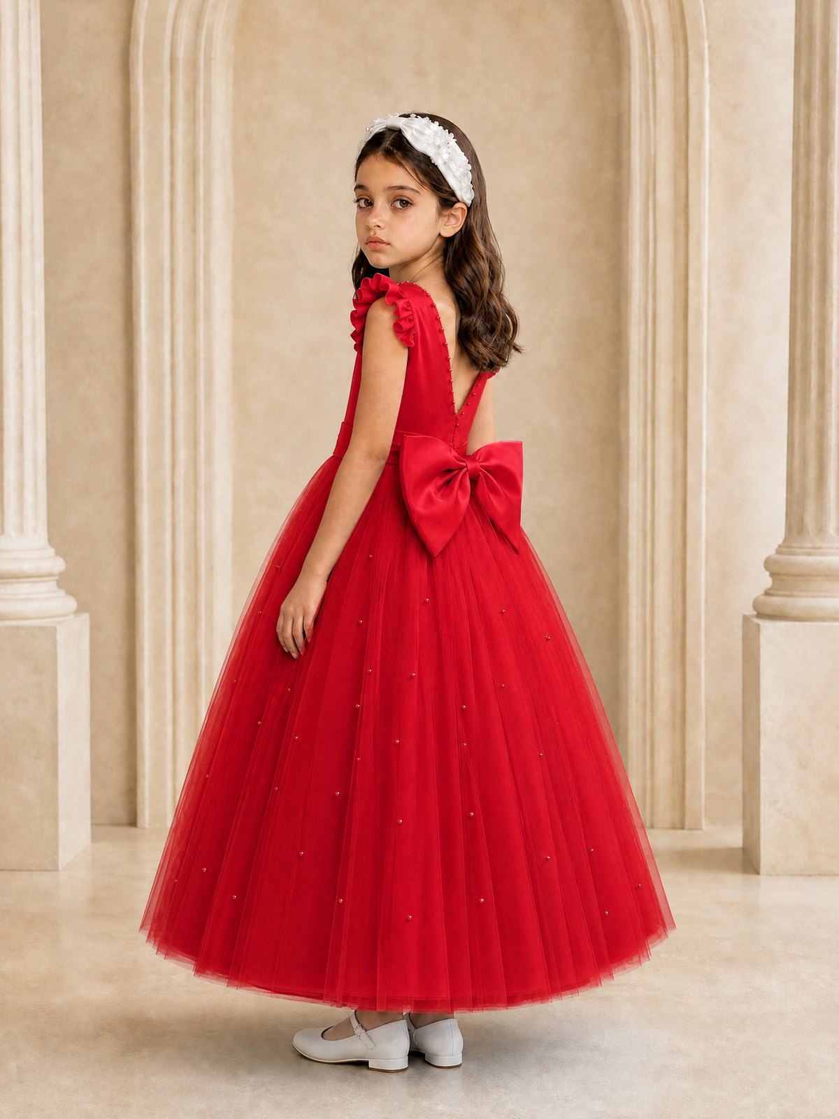 BOLODOO Red Tulle Flower Girl Dress with Ruffle Sleeves & Bow Back - Red - Red_1