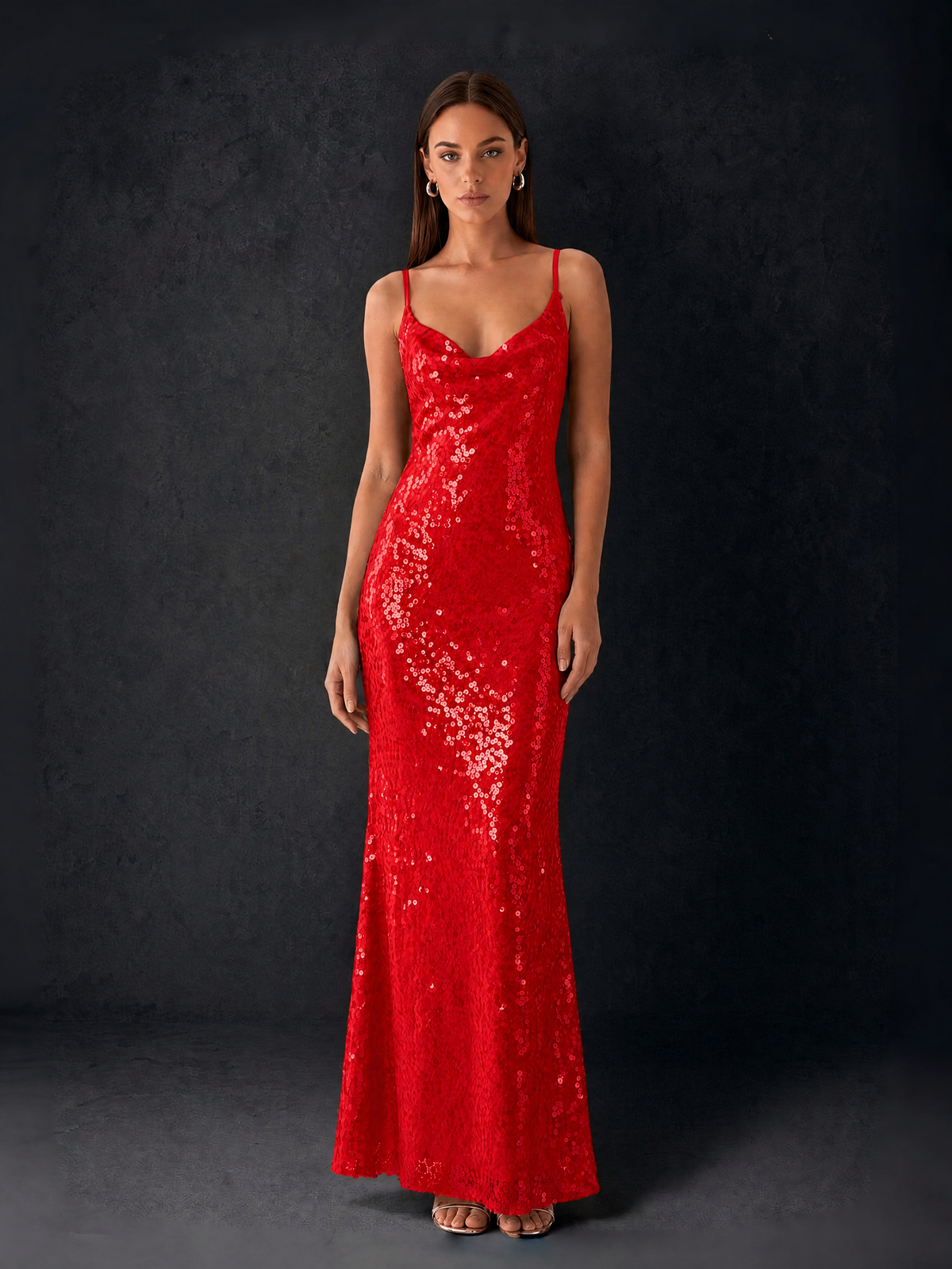 BOLODOO Bronze Sequin Cowl Neck Spaghetti Strap Mermaid Maxi Dress with Open Criss-Cross Back - Red - Red