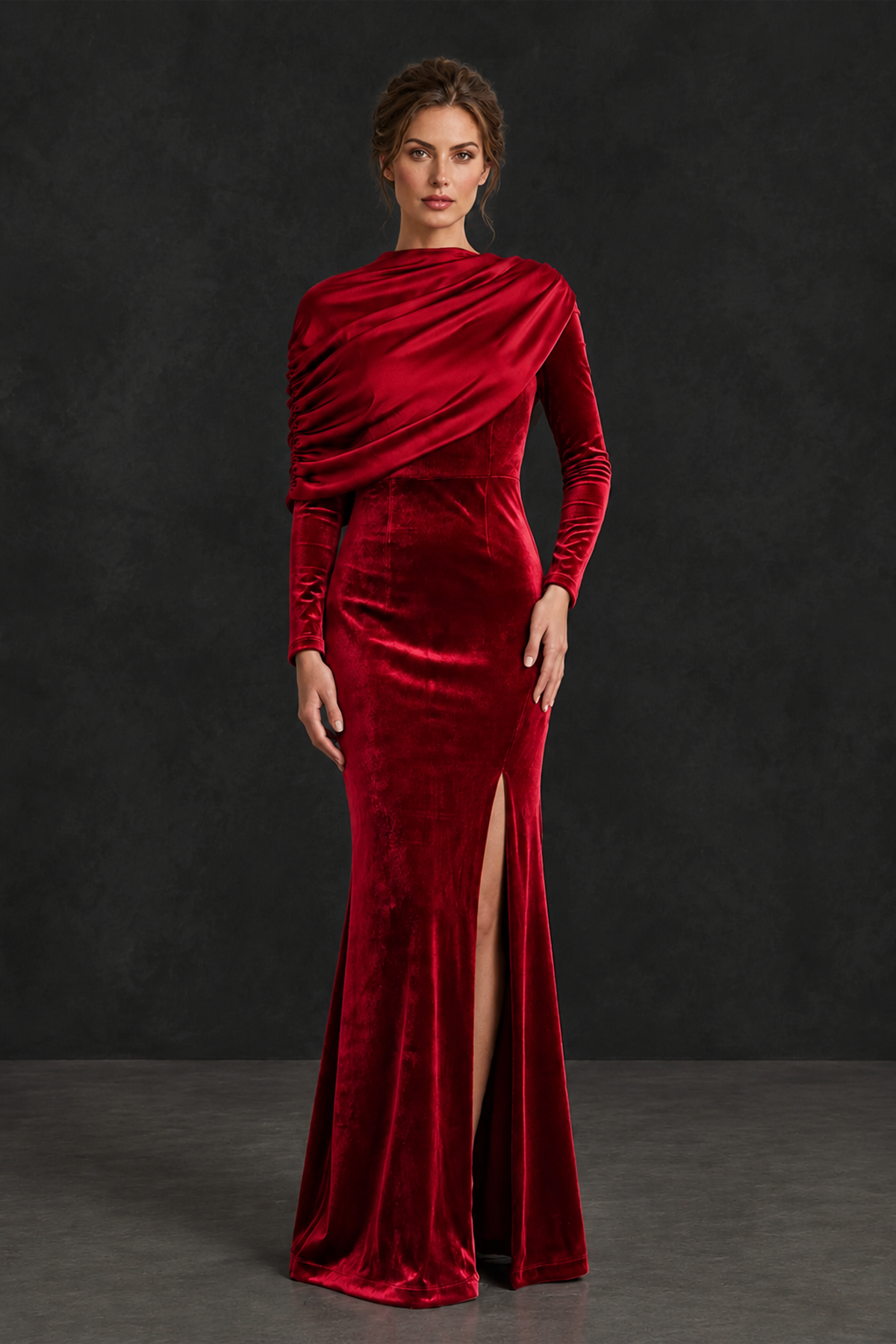 BOLODOO Red Velvet Long Sleeve Draped Mother of the Bride Dress - Red - Red_1