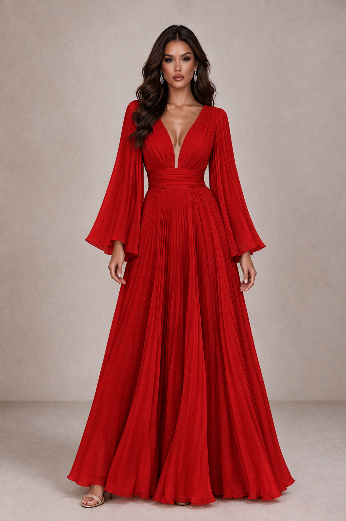BOLODOO Red Pleated Deep V-Neck Long Bell Sleeve Evening Dress - Red - Red_1