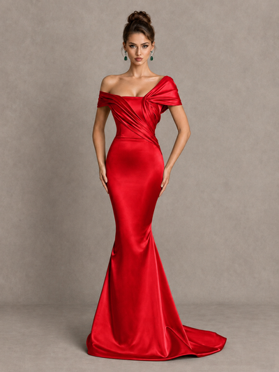 BOLODOO Red Off-Shoulder Satin Mermaid Prom Dress - Red - Red_1