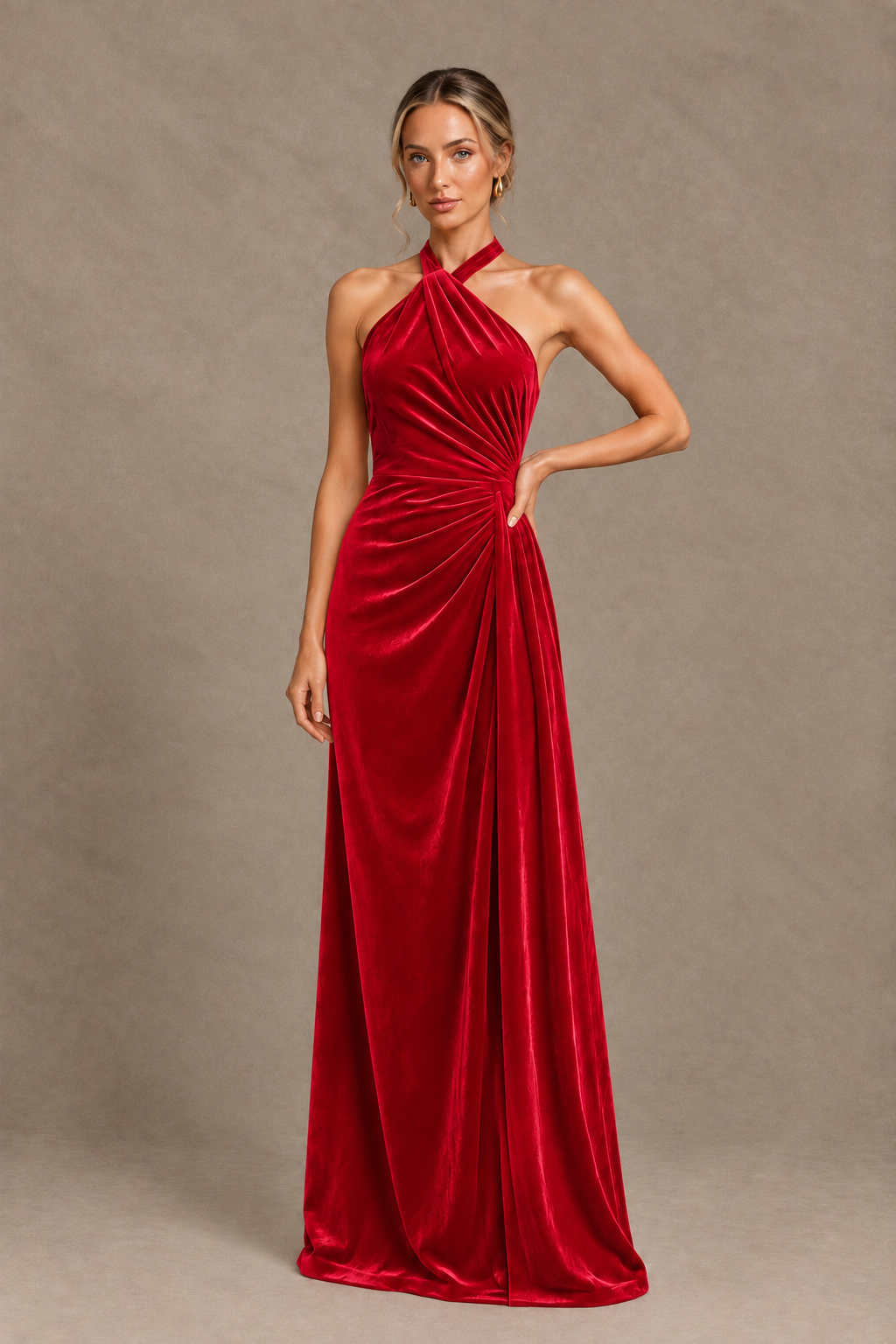 BOLODOO Red Velvet Halter Open-Back Ruched Evening Dress - Red - Red_1