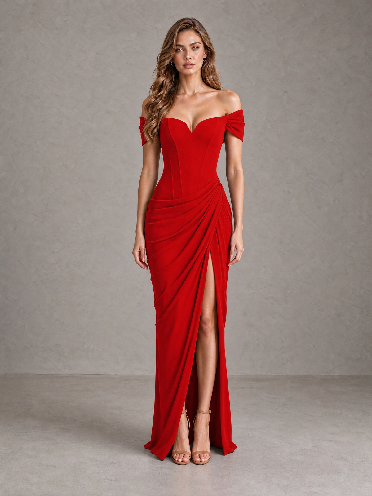 BOLODOO Red Off-Shoulder Ruched Corset Wedding Guest Dress with Slit - Red - Red_1