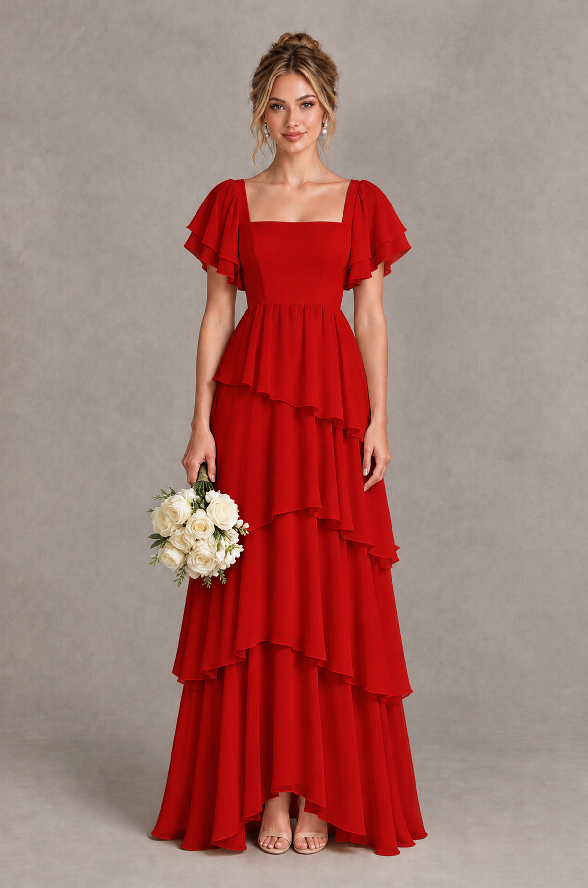BOLODOO Red Square Neck Flutter Sleeve Tiered Chiffon Bridesmaid Dress with Lace-Up Back - Red - Red_1
