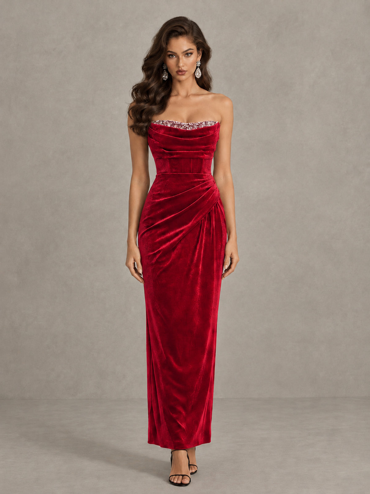 BOLODOO Red Strapless Velvet Cocktail Maxi Dress - Red - Red_1