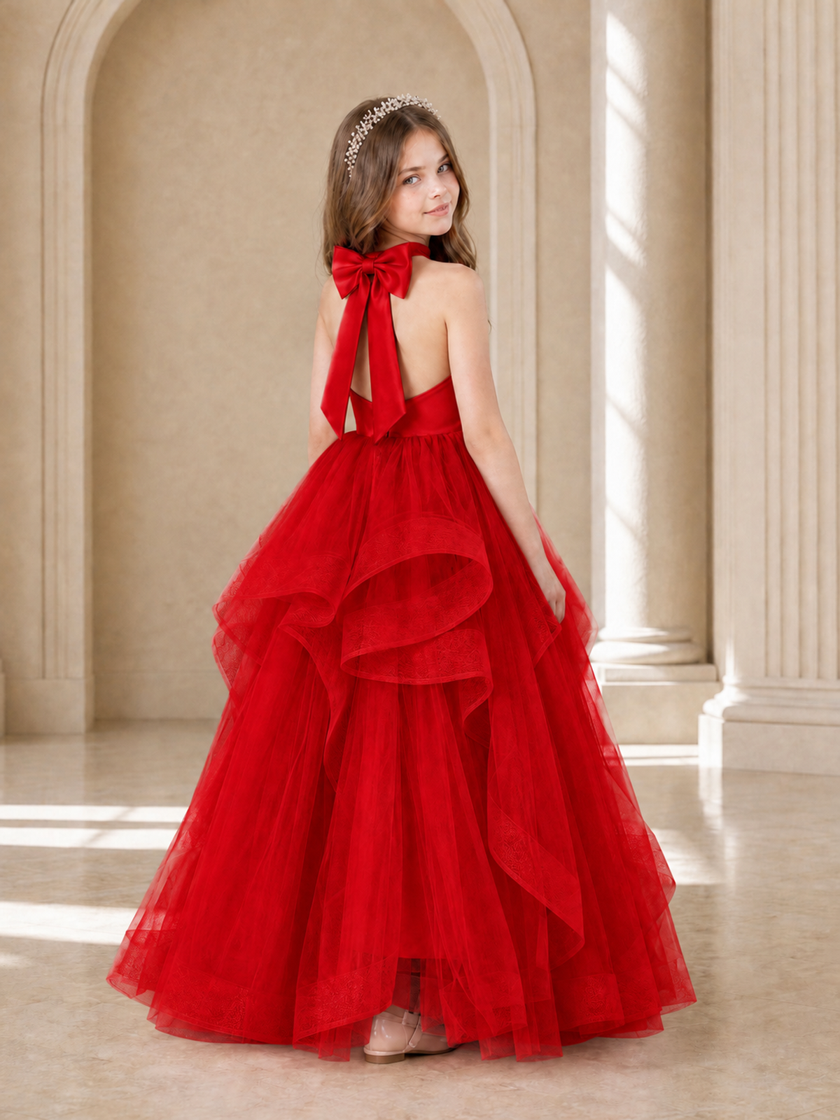 BOLODOO Red Halter Tiered Tulle Flower Girl Dress with Bow Back - Red - Red_1
