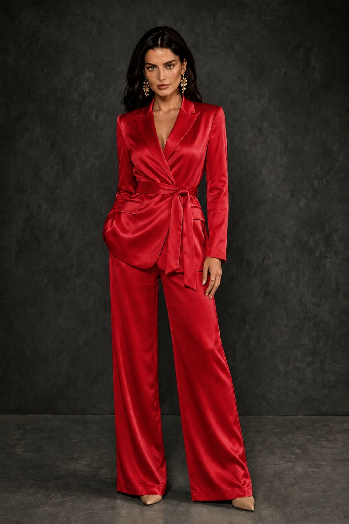 BOLODOO Red Satin Wrap Blazer Wide-Leg Pants Two-Piece Suit Set – Evening Gala Wedding Guest - Red