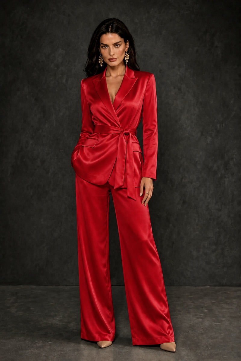 BOLODOO Red Satin Wrap Blazer Wide-Leg Pants Two-Piece Suit Set – Evening Gala Wedding Guest - Red