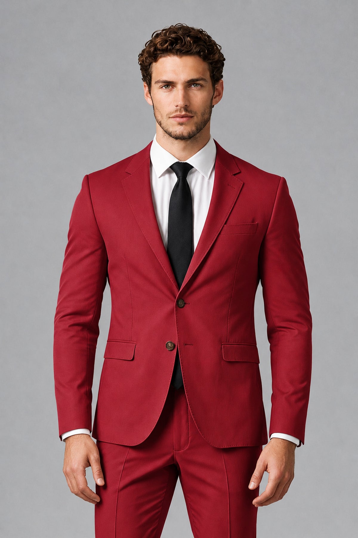 Bolodoo Men's Red Two-Piece Suit with Notch-Lapel Jacket & Trousers - Red - Red_1