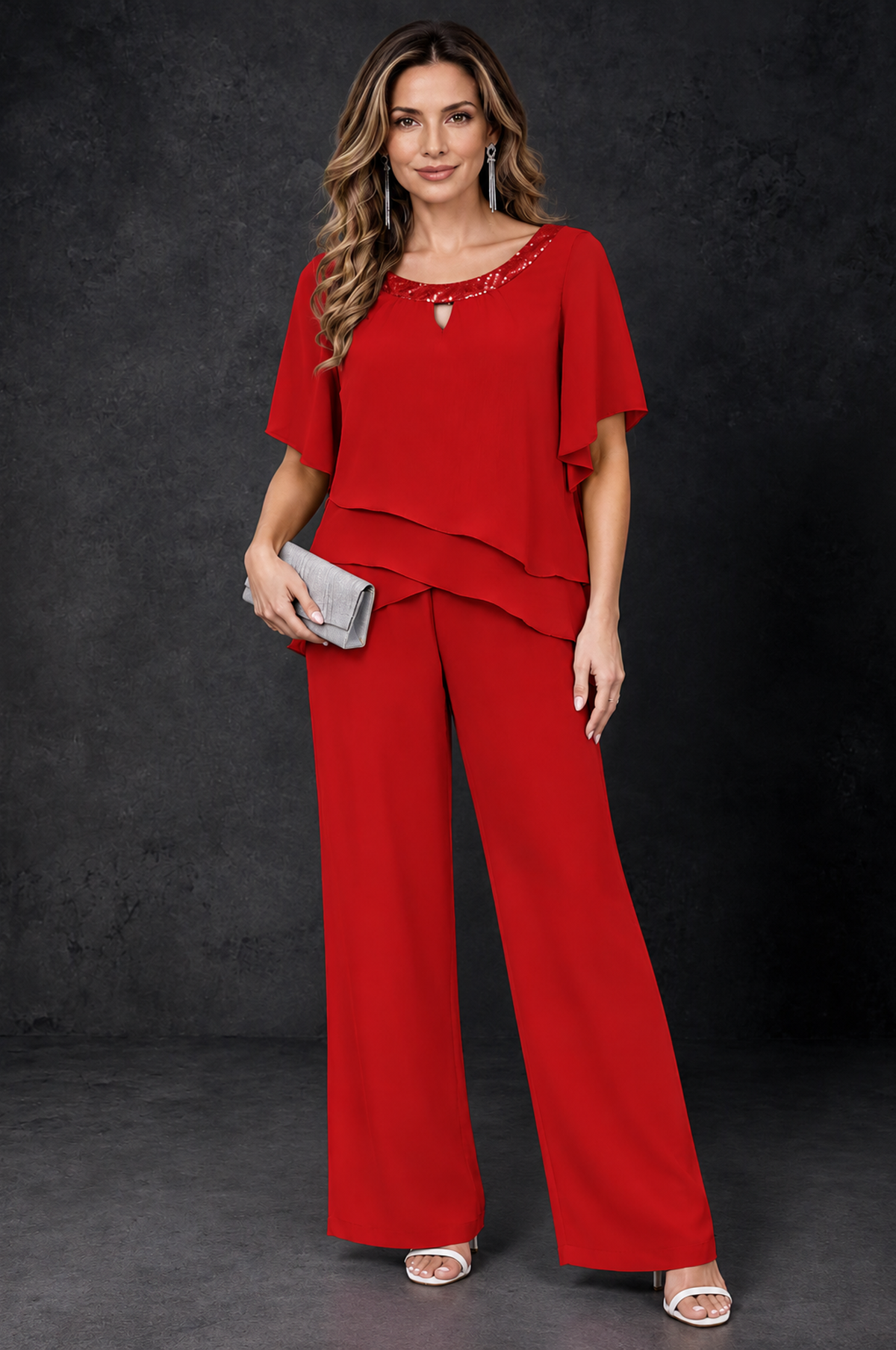 BOLODOO Red Layered Chiffon-Look Mother of the Bride Pantsuit - Red - Red_1