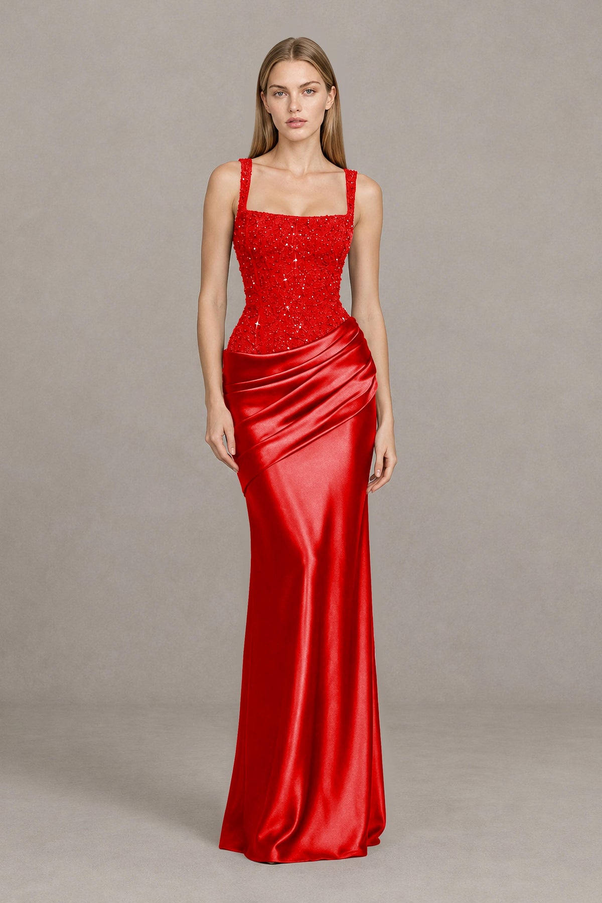 BOLODOO Red Square Neck Embellished Satin Evening Gown - Red