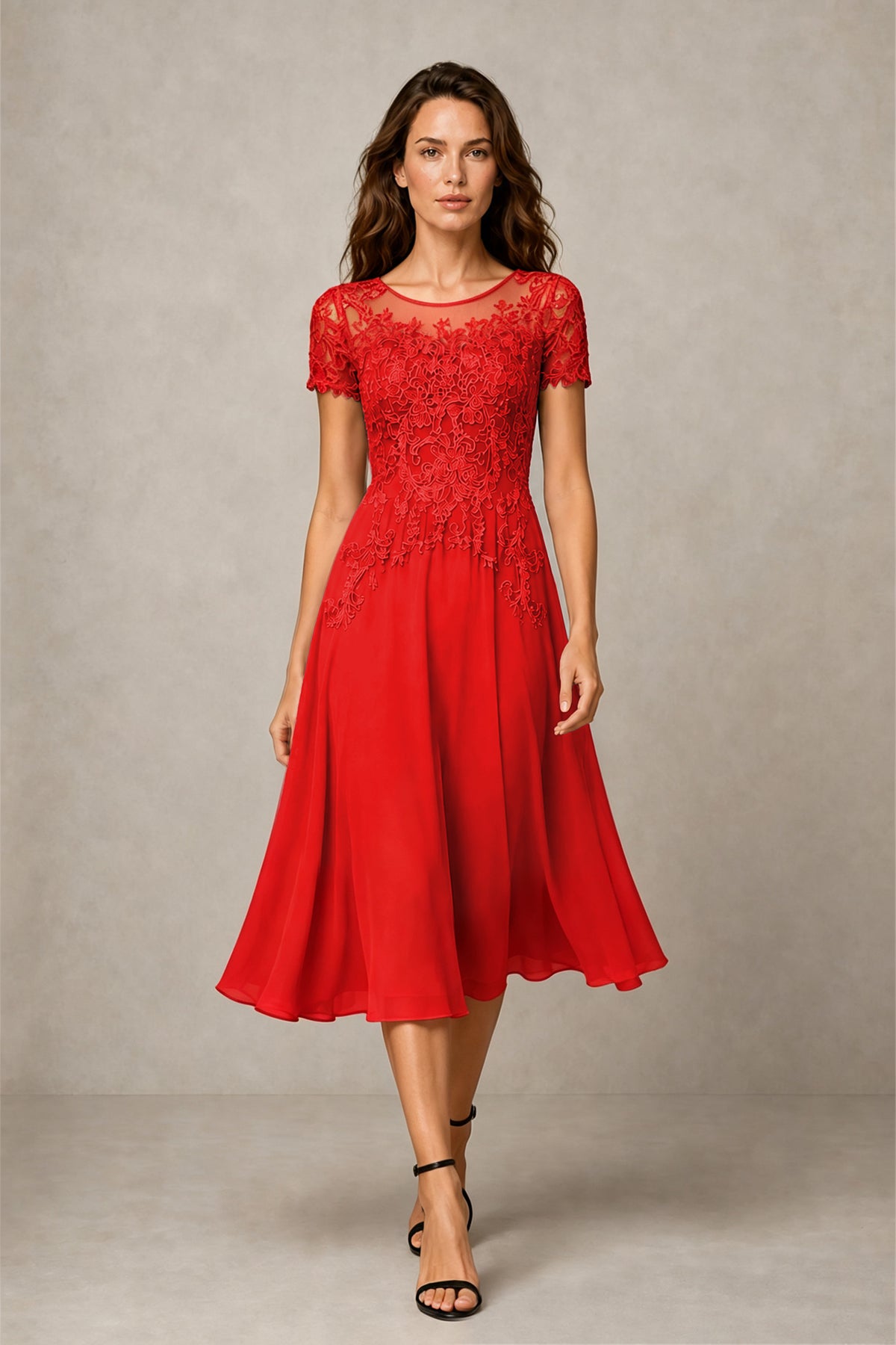 BOLODOO Steel Red Beaded Lace Illusion Bodice Chiffon Tea-Length Dress | Mother of the Bride & Cocktail Party - Red