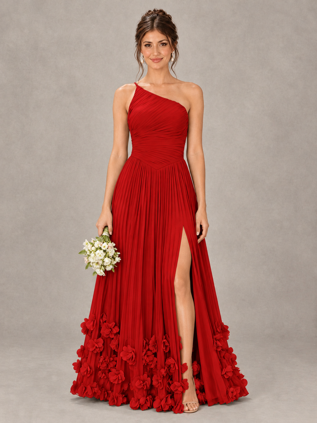 BOLODOO Red One-Shoulder Pleated Bridesmaid Dress with 3D Floral Hem - Red - Red_1