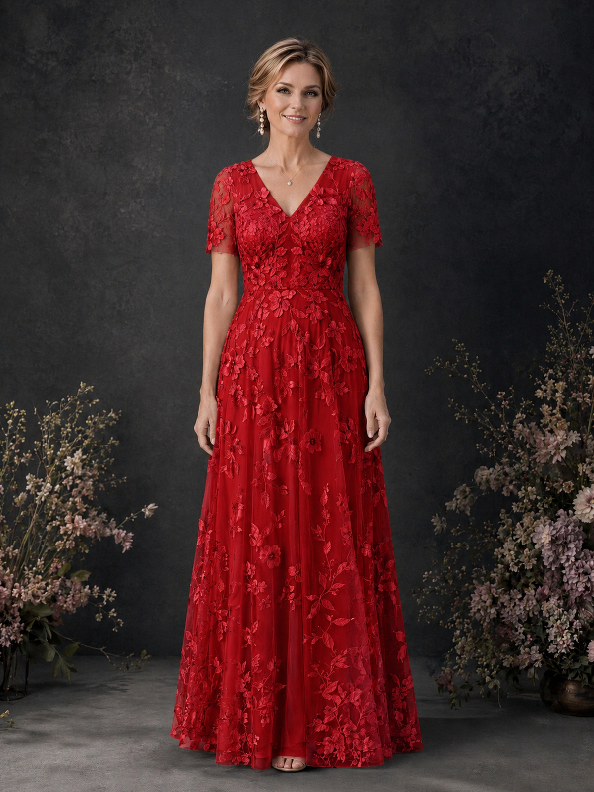 BOLODOO Red 3D Floral Embroidered Lace V-Neck Short Sleeve A-Line Maxi Dress - Red