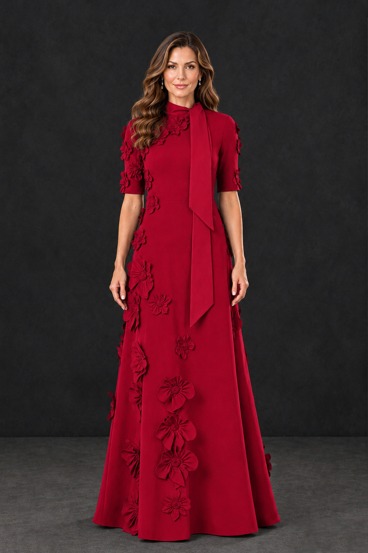 BOLODOO Red Floral Applique High-Neck Half-Sleeve Gown - Red - Red_1