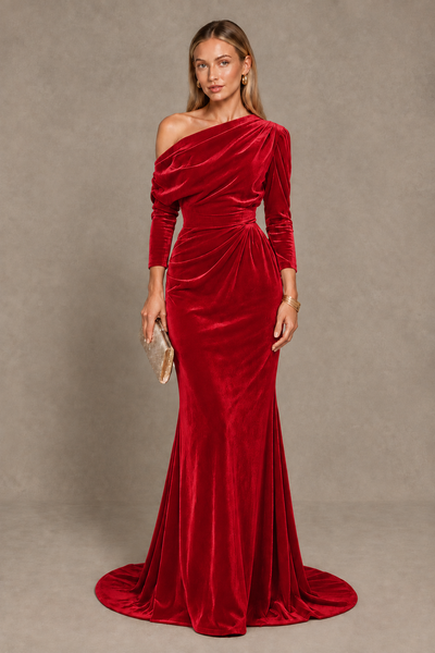 BOLODOO Red Velvet Asymmetric Neck Mermaid Evening Dress - Red - Red_1