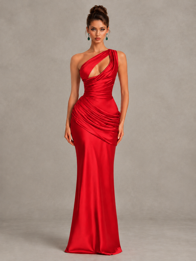 BOLODOO Red One-Shoulder Cutout Satin Mermaid Prom Dress - Red - Red_1