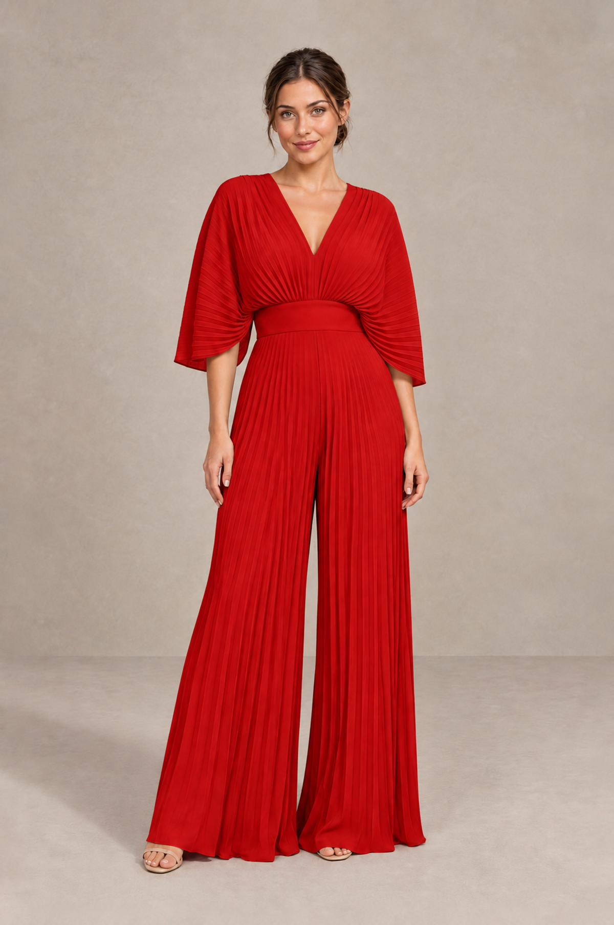 BOLODOO Red Pleated Wide-Leg Mother of Bride Pantsuit with V-Neck Chiffon Maxi Gown - Red - Red_1