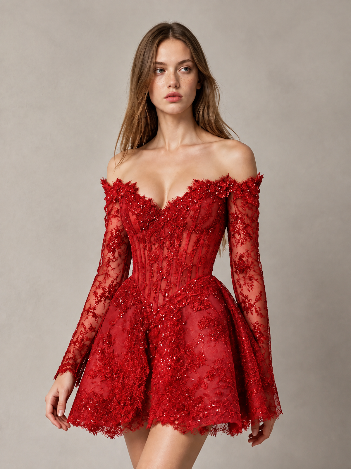 BOLODOO Red Off-Shoulder Long Sleeve Sheer Lace Sequin Corset A-Line Mini Dress | Open Back Cocktail Party Dress - Red