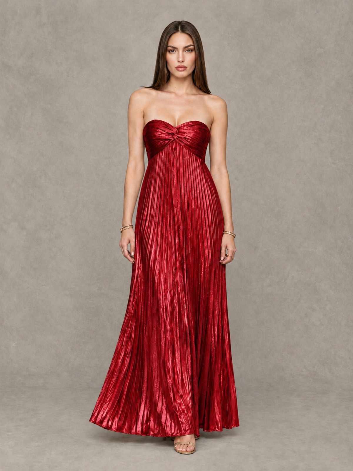 BOLODOO Red Strapless Sweetheart Metallic Pleated Maxi Dress - Red - Red_1