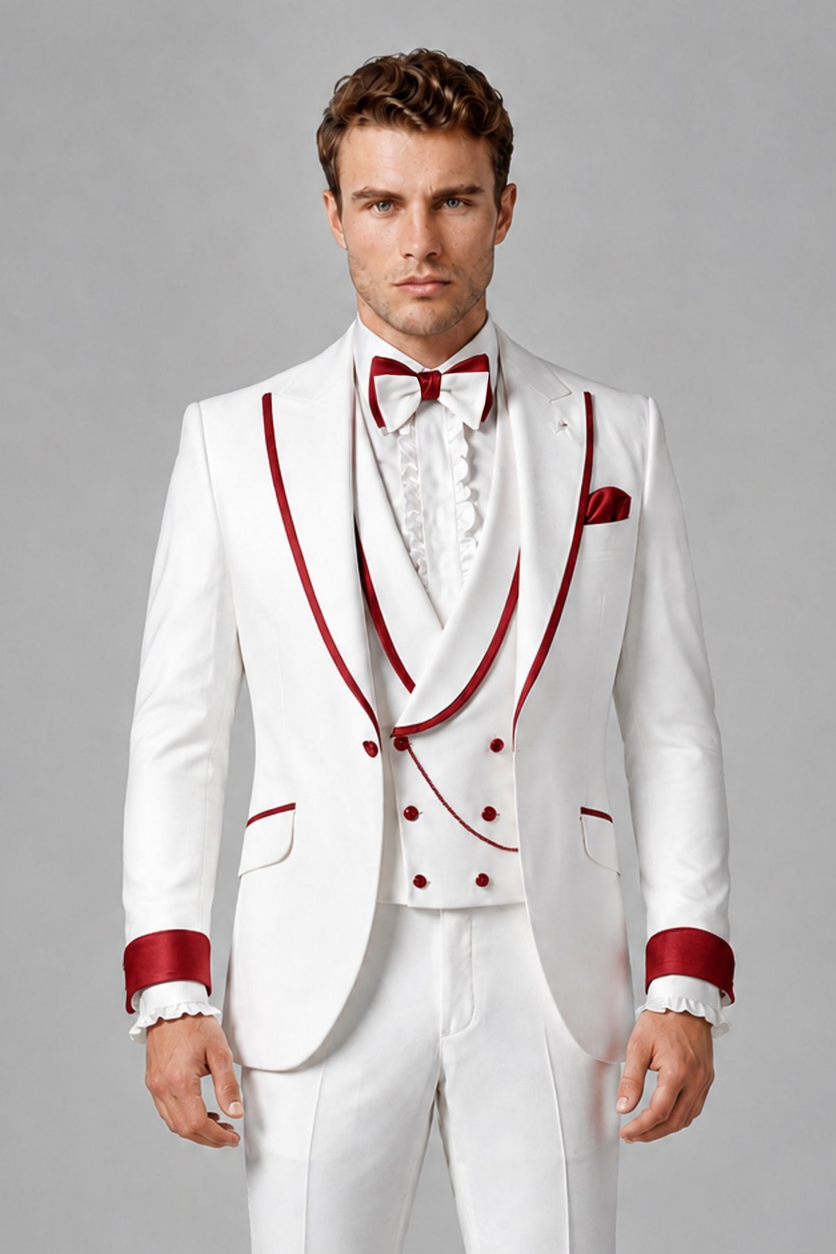 Bolodoo Men's White and Red Three-Piece Wedding Tuxedo Suit - Red - Red_1