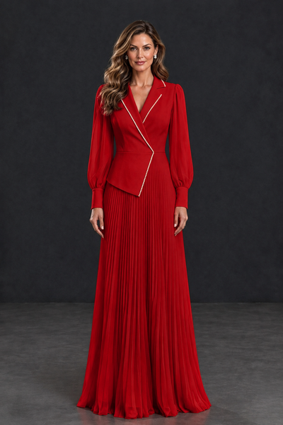 BOLODOO Red Long Sleeve Pleated Mother of the Bride Dress - Red - Red_1