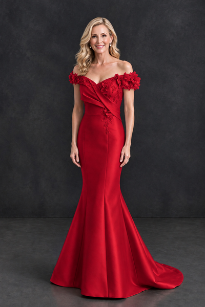 BOLODOO Red Off-Shoulder Floral Mermaid Mother of the Bride Dress - Red - Red_1