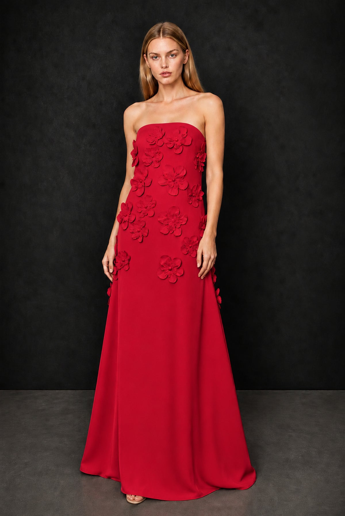BOLODOO Red Strapless 3D Floral Appliqué Crepe Maxi Gown - Red