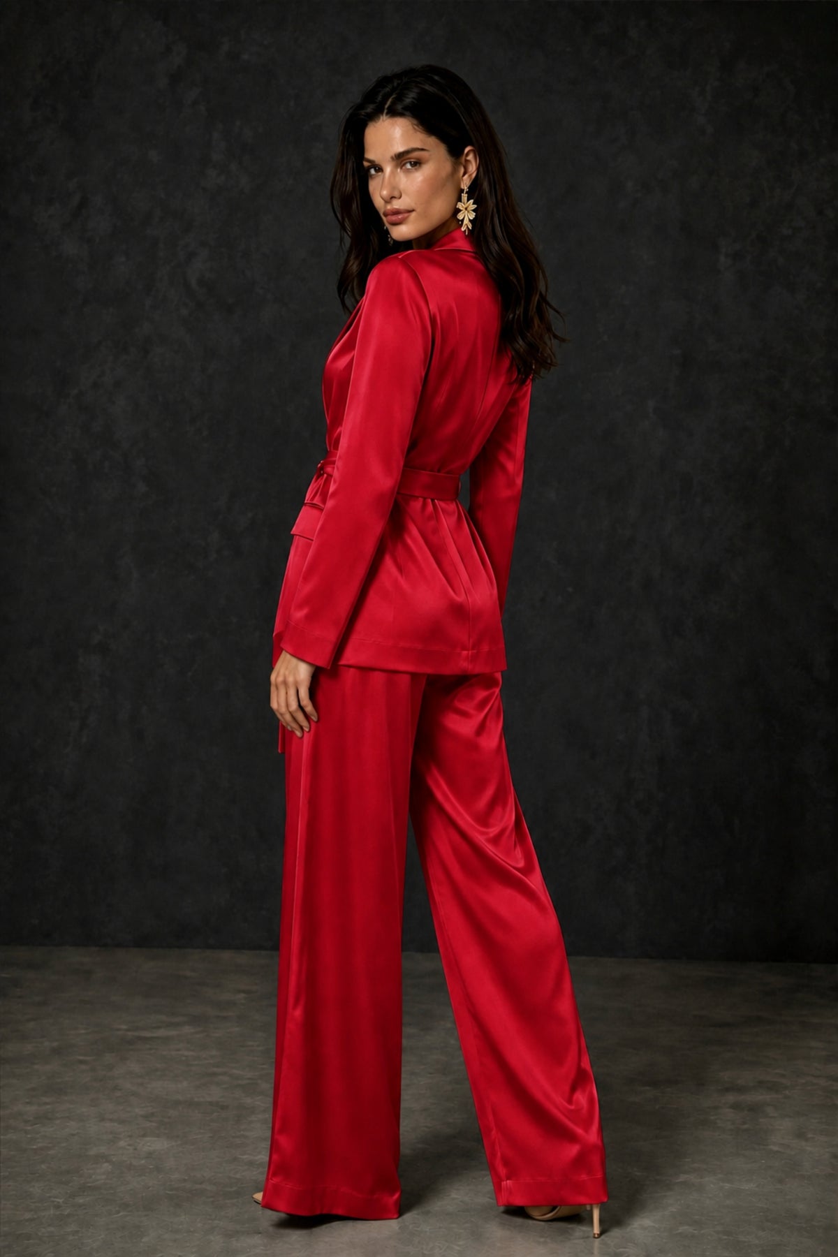 BOLODOO Red Satin Wrap Blazer Wide-Leg Pants Two-Piece Suit Set – Evening Gala Wedding Guest - Red