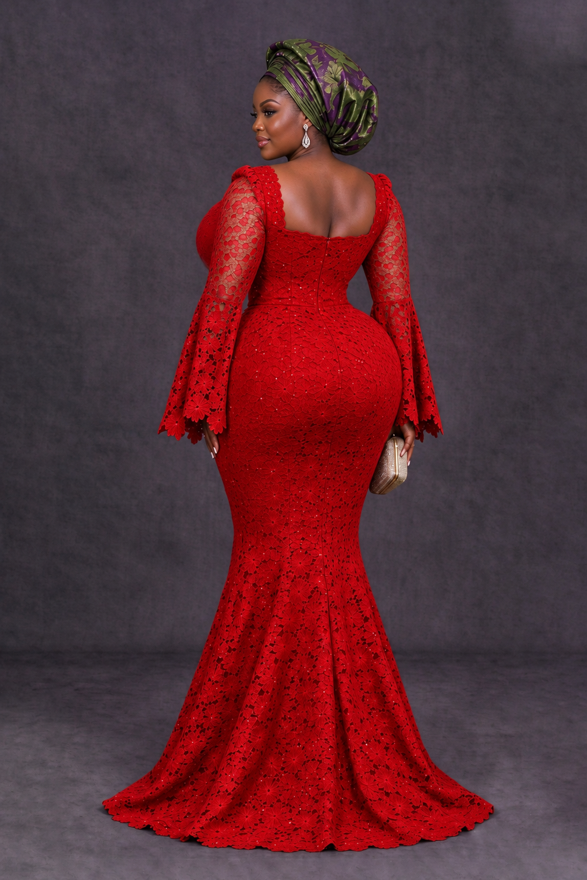 BOLODOO Red African Lace Mermaid Dress, Plus Size Nigerian Wedding Guest Gown with Bell Sleeves - Red - Red_2