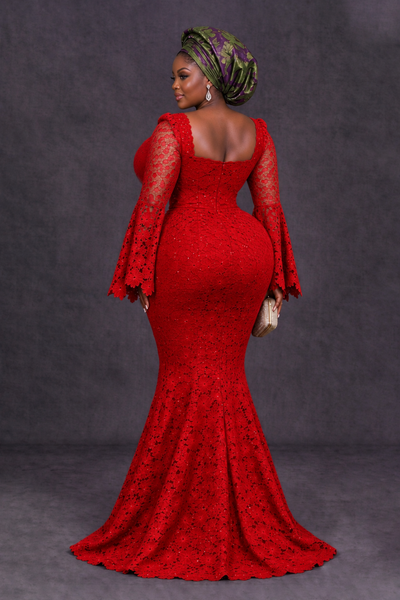 BOLODOO Red African Lace Mermaid Dress, Plus Size Nigerian Wedding Guest Gown with Bell Sleeves - Red - Red_2