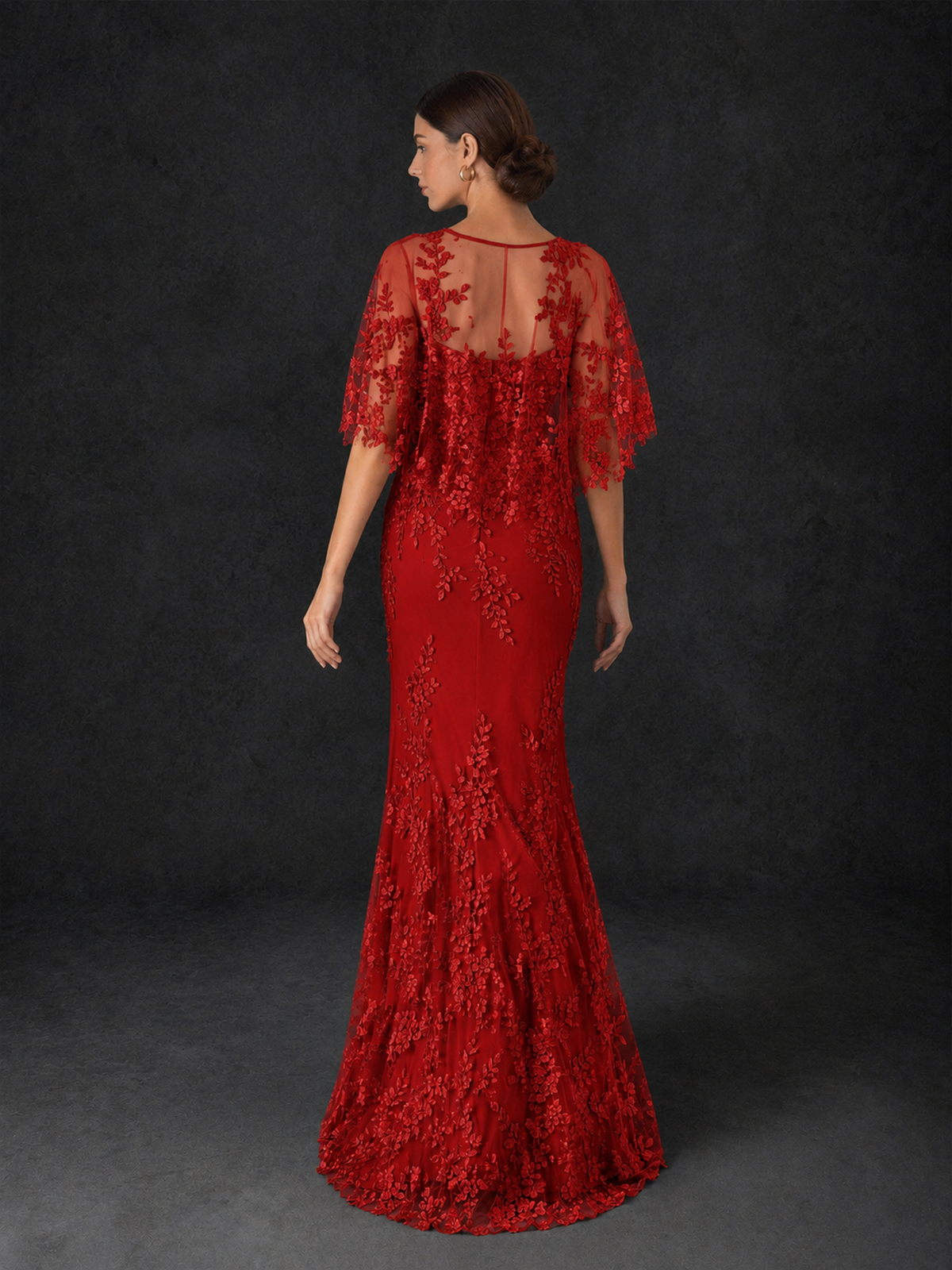 BOLODOO Mocha Rose Botanical Lace Flutter Sleeve Mermaid Gown - Red - Red