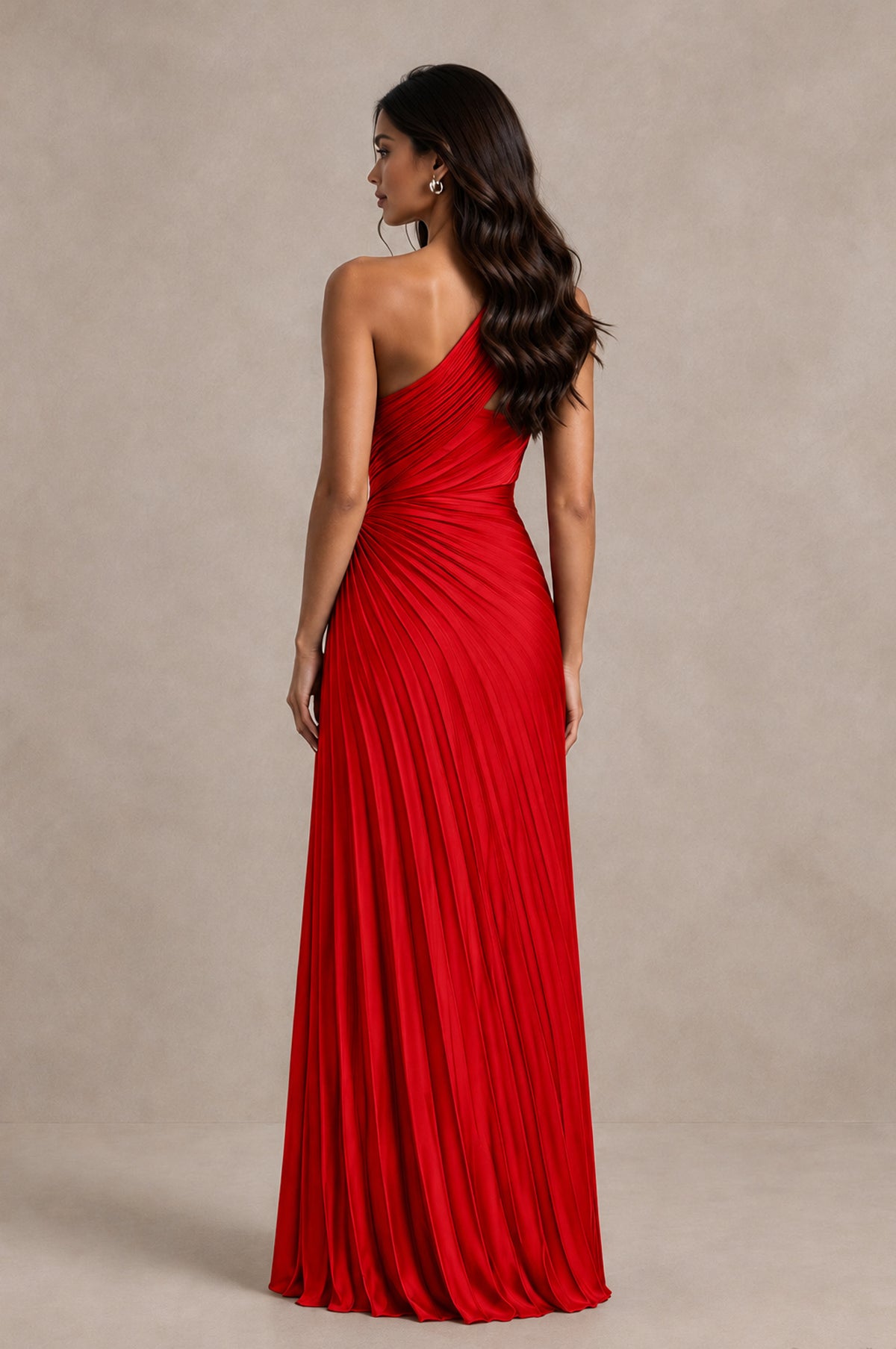 BOLODOO Red One Shoulder Pleated Evening Dress with Ruched Waist and High Slit - Red - Red_2
