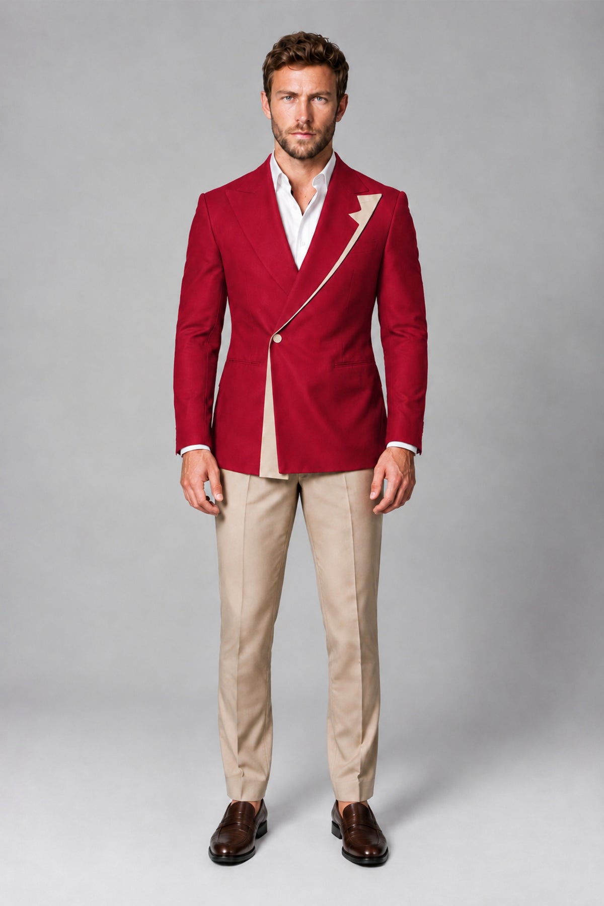 BOLODOO Men's Red Double-Breasted Blazer & Khaki Trousers Tuxedo 2-Piece Suit Set - Red - Red_2