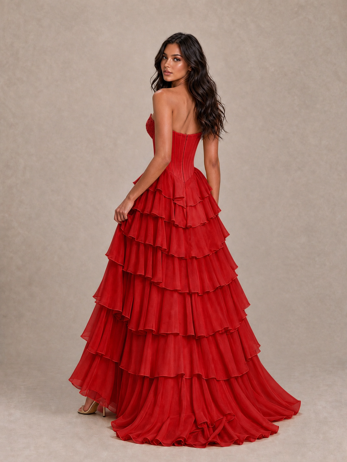 BOLODOO Red Strapless Corset Tiered Ruffle Prom Dress with High Slit - Red - Red_2