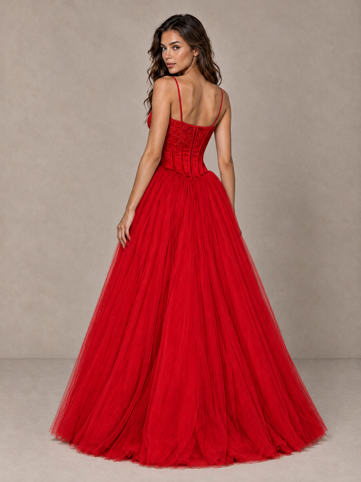 BOLODOO Red Corset Tulle Prom Dress with Spaghetti Straps - Red - Red_2