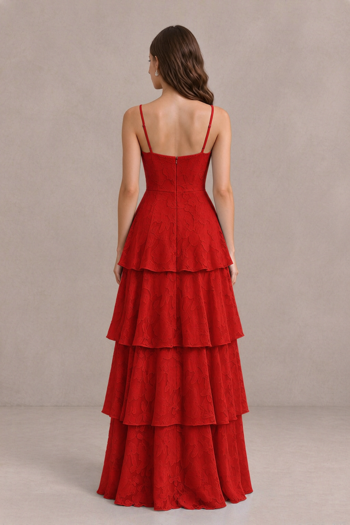 BOLODOO Red Tiered Floral-Textured Spaghetti Strap Maxi Dress - Red - Red_2