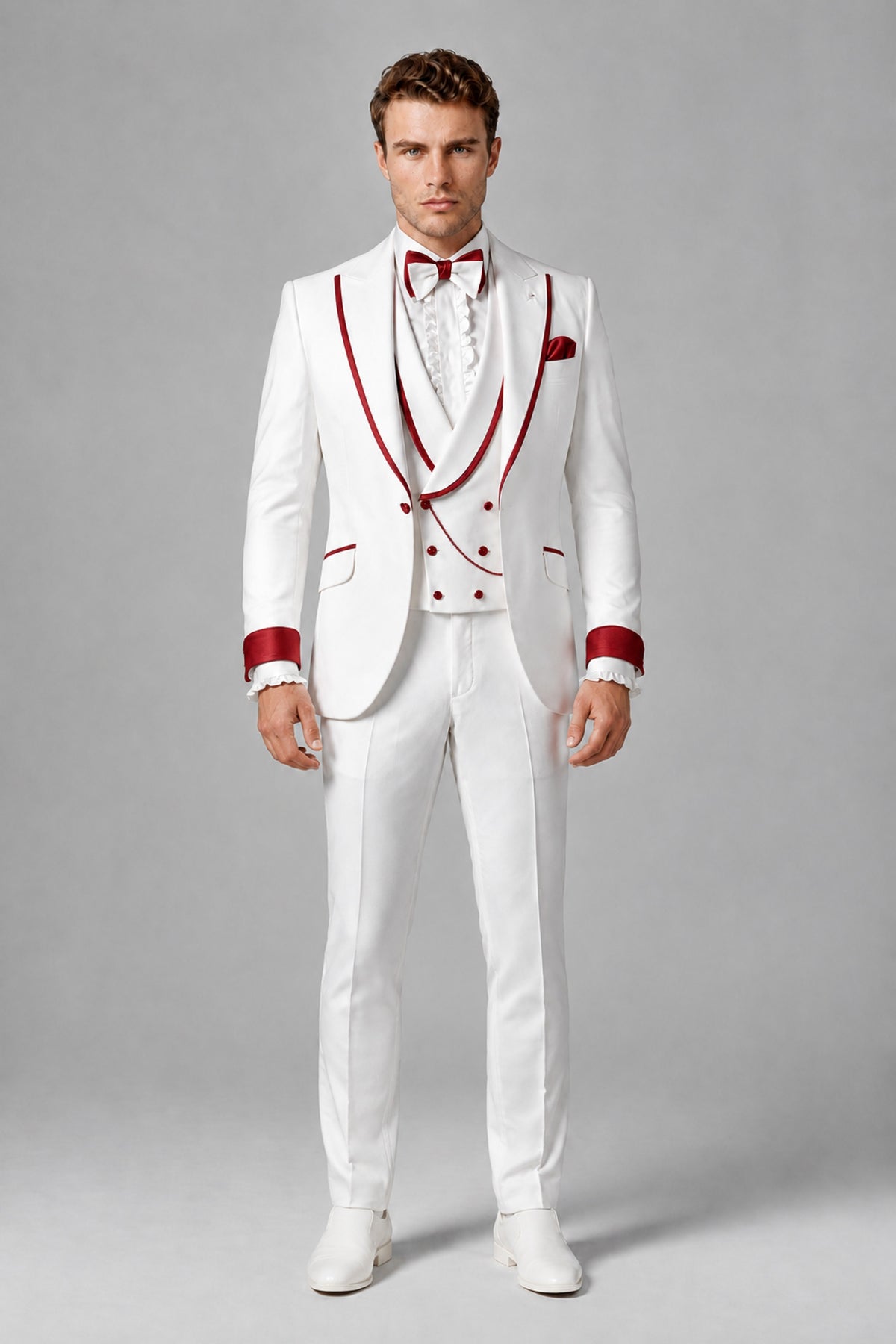 Bolodoo Men's White and Red Three-Piece Wedding Tuxedo Suit - Red - Red_2