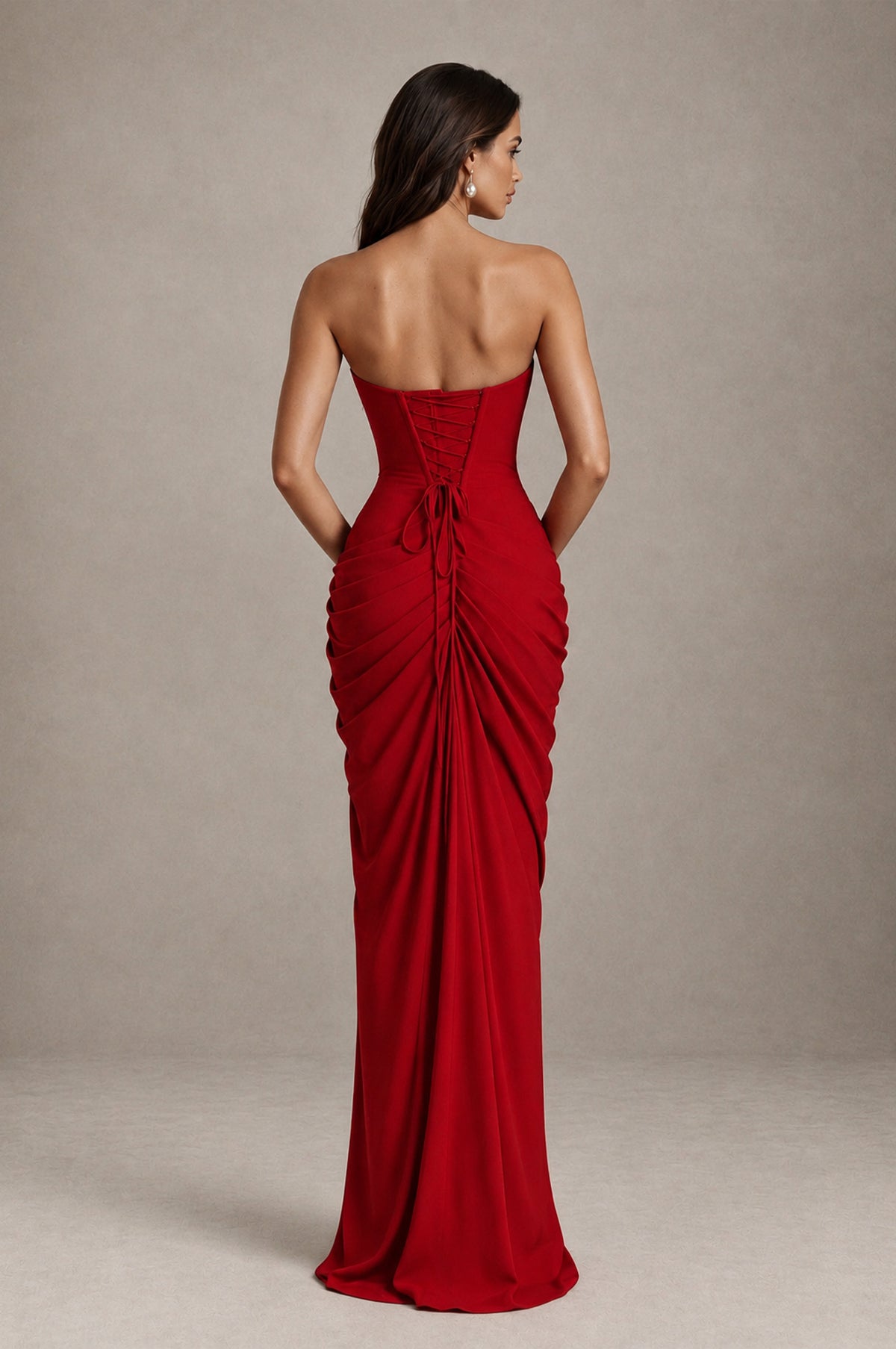 BOLODOO Strapless Draped Maxi Dress - Red Backless Evening Gown with High Slit - Red - Red_2