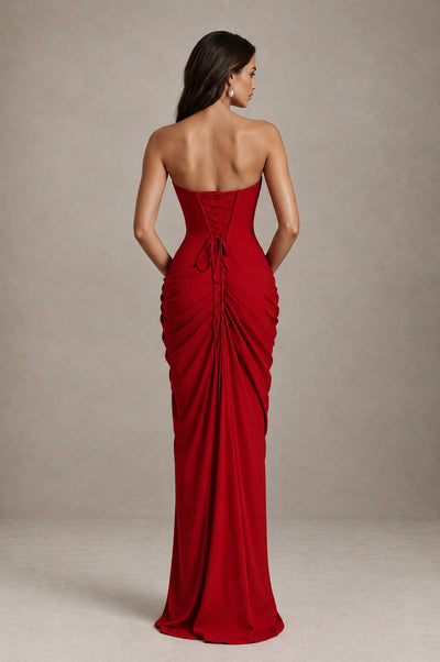 BOLODOO Strapless Draped Maxi Dress - Red Backless Evening Gown with High Slit - Red - Red_2