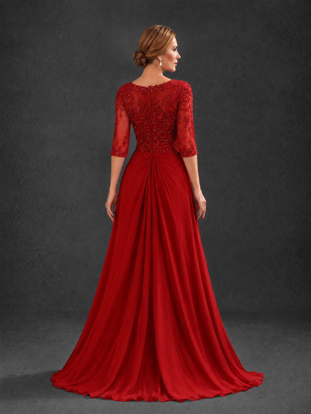 BOLODOO Red Sweetheart Neck 3/4 Sleeve Floral Lace Illusion Bodice Chiffon A-Line Gown - Red