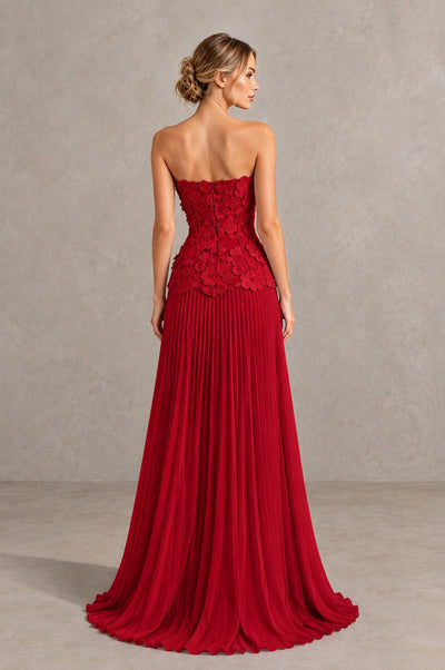 BOLODOO Red Strapless Floral Applique Pleated Evening Dress - Red - Red_2